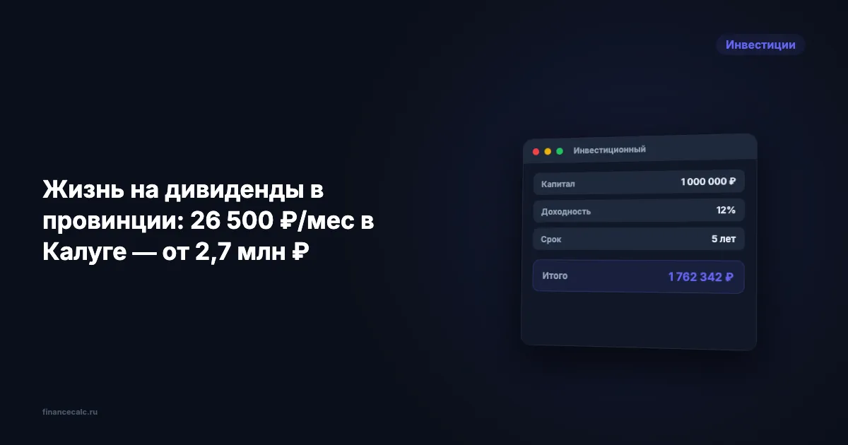 Жизнь на дивиденды в провинции: 26 500 ₽/мес в Калуге — от 2,7 млн ₽