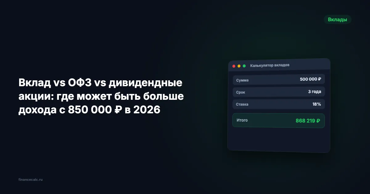 Вклад vs ОФЗ vs дивидендные акции: где может быть больше дохода с 850 000 ₽ в 2026