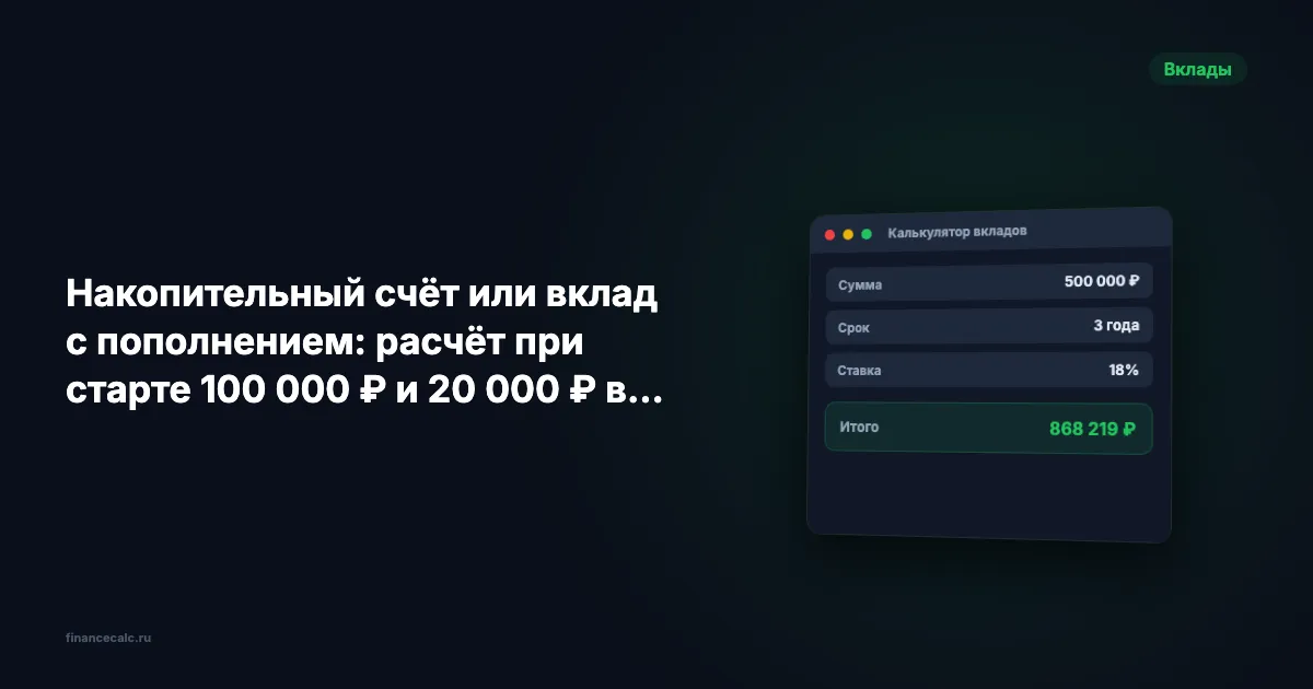 Накопительный счёт или вклад с пополнением: расчёт при старте 100 000 ₽ и 20 000 ₽ в месяц