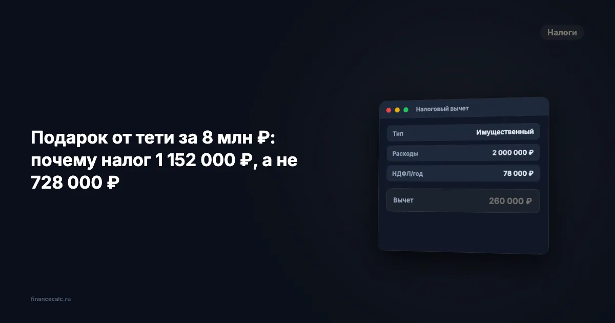 Подарок от тети за 8 млн ₽: почему налог 1 152 000 ₽, а не 728 000 ₽