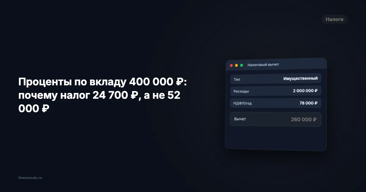 Проценты по вкладу 400 000 ₽: почему налог 24 700 ₽, а не 52 000 ₽