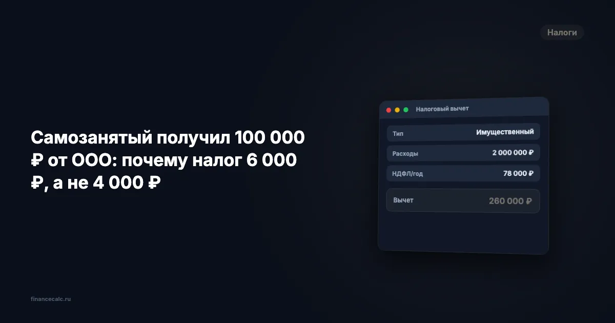 Самозанятый получил 100 000 ₽ от ООО: почему налог 6 000 ₽, а не 4 000 ₽