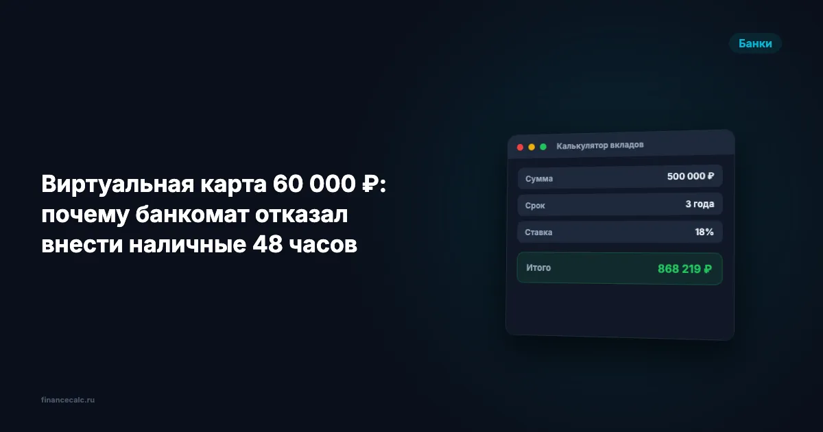Виртуальная карта 60 000 ₽: почему банкомат отказал внести наличные 48 часов