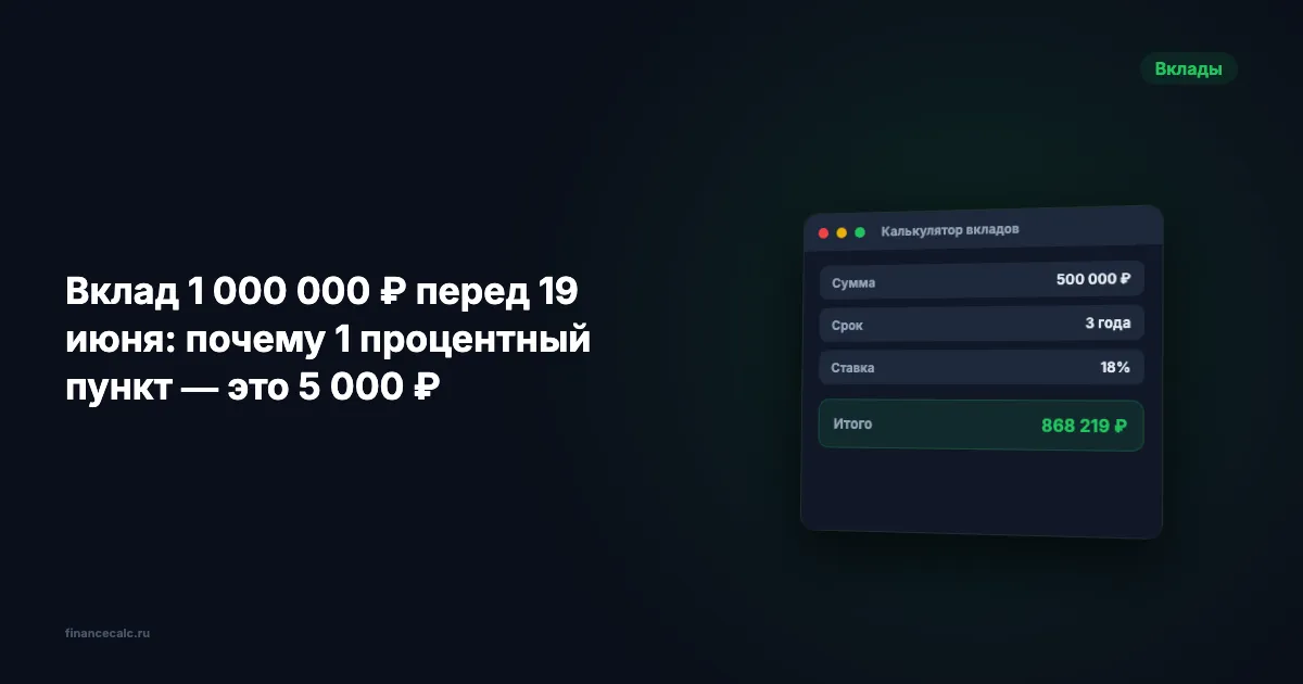 Вклад 1 000 000 ₽ перед 19 июня: почему 1 процентный пункт — это 5 000 ₽