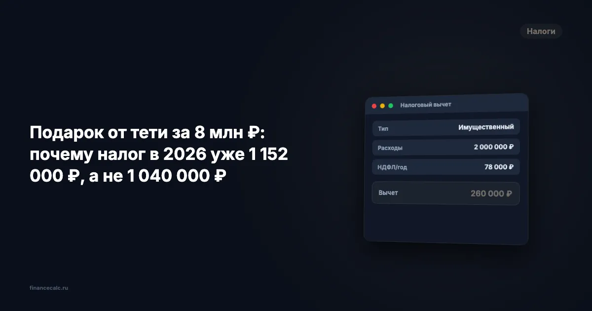 Подарок от тети за 8 млн ₽: почему налог в 2026 уже 1 152 000 ₽, а не 1 040 000 ₽