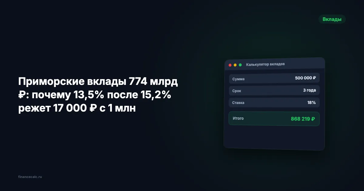 Приморские вклады 774 млрд ₽: почему 13,5% после 15,2% режет 17 000 ₽ с 1 млн