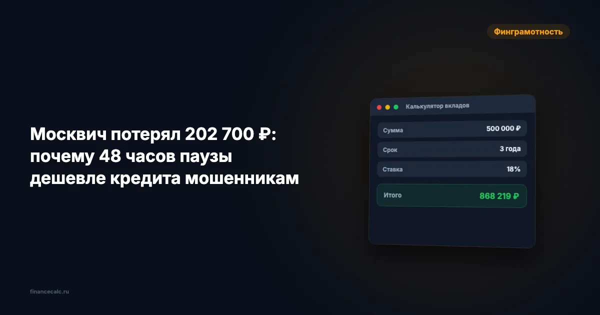Москвич потерял 202 700 ₽: почему 48 часов паузы дешевле кредита мошенникам