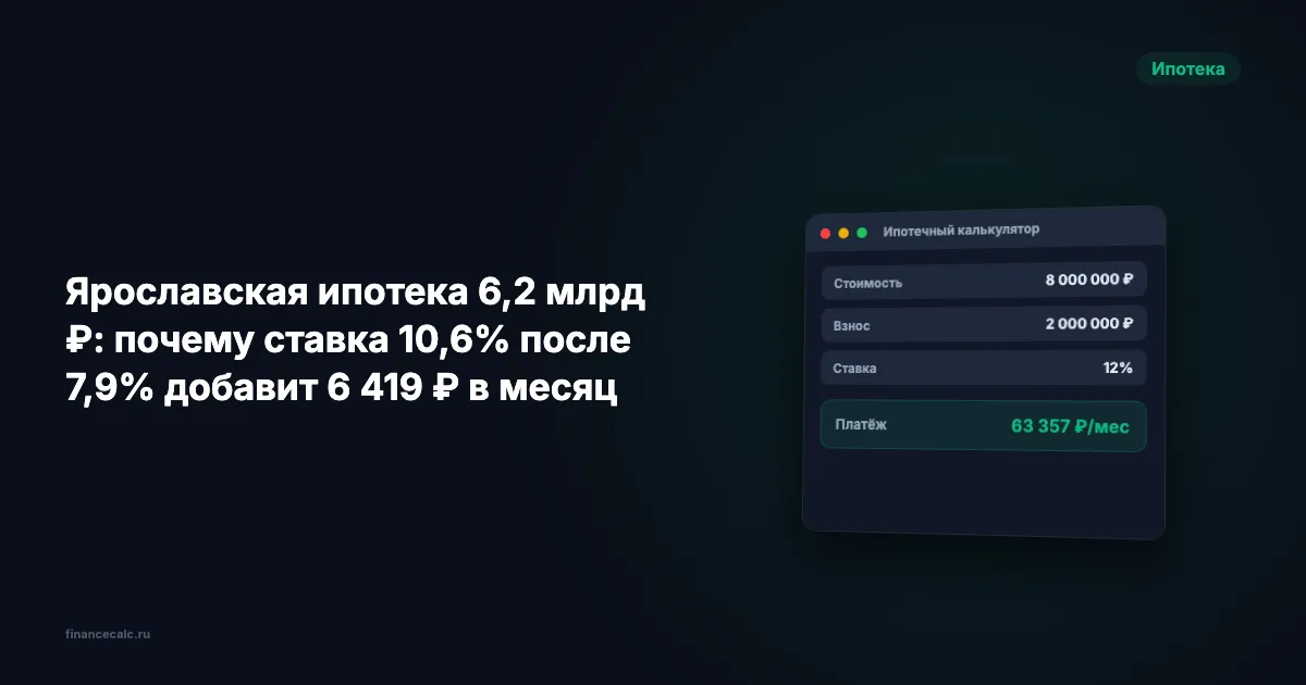 Ярославская ипотека 6,2 млрд ₽: почему ставка 10,6% после 7,9% добавит 6 419 ₽ в месяц