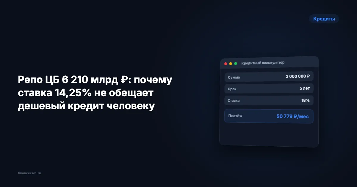 Репо ЦБ 6 210 млрд ₽: почему ставка 14,25% не обещает дешевый кредит человеку