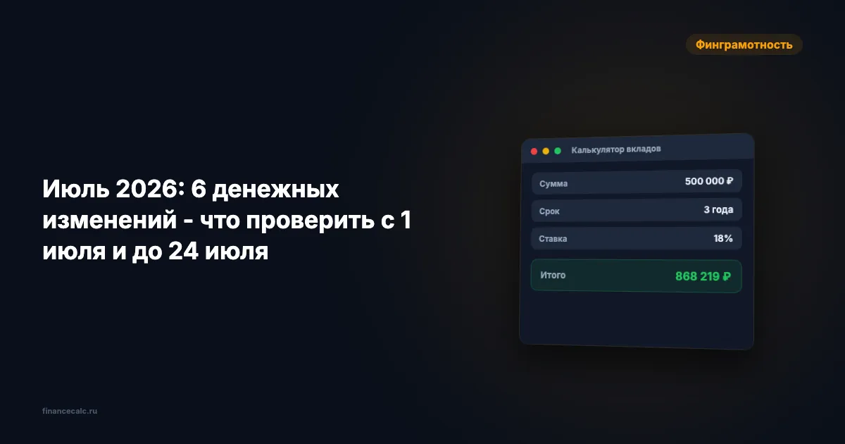 Июль 2026: 6 денежных изменений - что проверить с 1 июля и до 24 июля