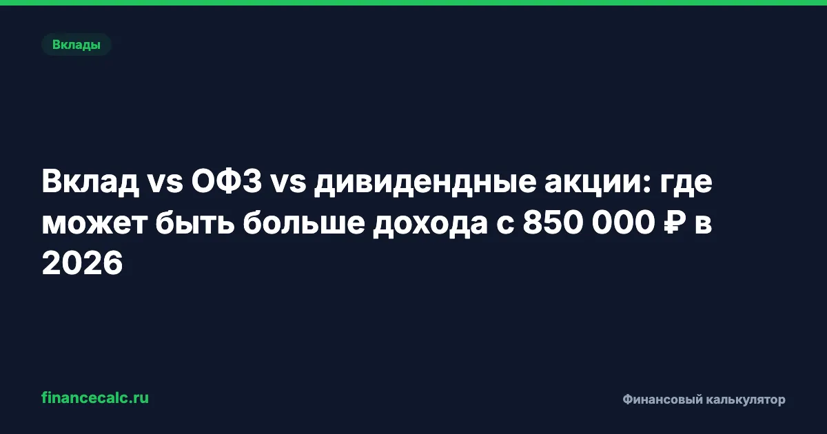 Вклад vs ОФЗ vs дивидендные акции: где может быть больше дохода с 850 000 ₽ в 2026