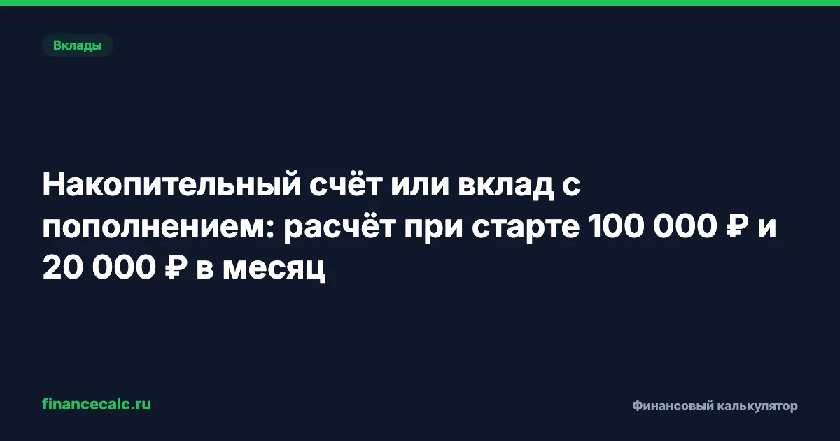 Накопительный счёт или вклад с пополнением: расчёт при старте 100 000 ₽ и 20 000 ₽ в месяц
