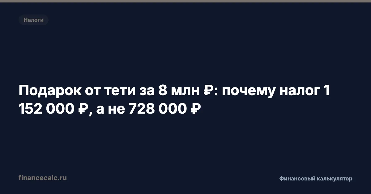 Подарок от тети за 8 млн ₽: почему налог 1 152 000 ₽, а не 728 000 ₽