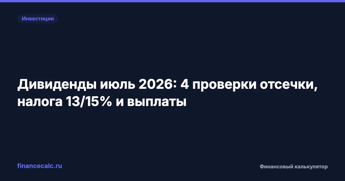Дивиденды июль 2026: 4 проверки отсечки, налога 13/15% и выплаты